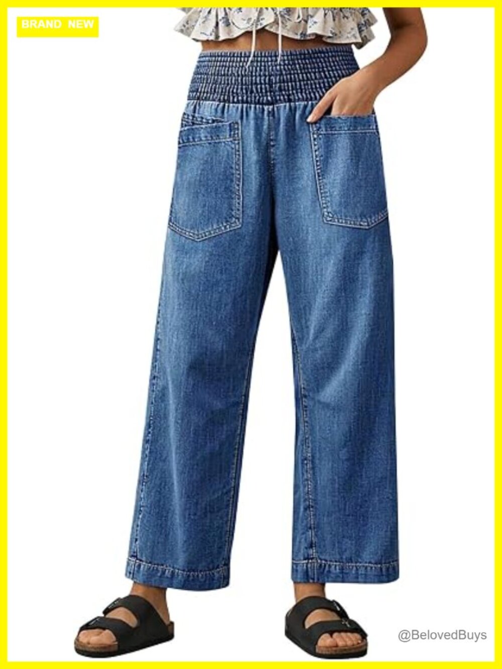 Wide Leg Jeans Smocked Waisted Pull On Stretchy Straight Leg Casual Denim Pants